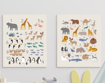 Alphabet and Numbers Canvas Wall Art, Animal Alphabet Poster for Toddlers, Educational Print, Gift Nursery Wall Art for Boy or Girl Bedroom