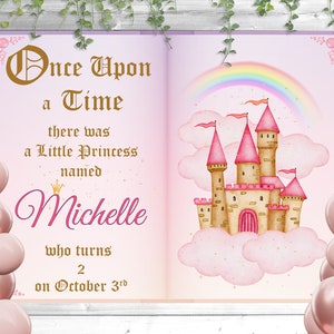 Custom Princess Birthday Banner Book Background, Fairytale Castle, Once Upon a Time, Party Decoration Photobooth Backdrop Personalized Vinyl