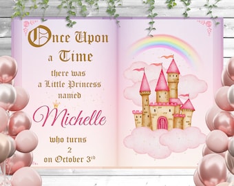 Custom Princess Birthday Banner Book Background, Fairytale Castle, Once Upon a Time, Party Decoration Photobooth Backdrop Personalized Vinyl