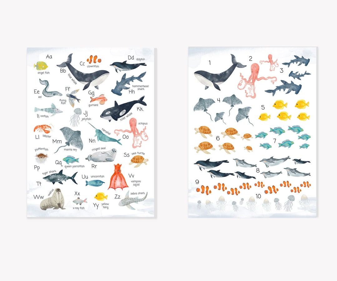 Alphabet and Numbers Canvas Wall Art Set, Sea Animals Alphabet for ...