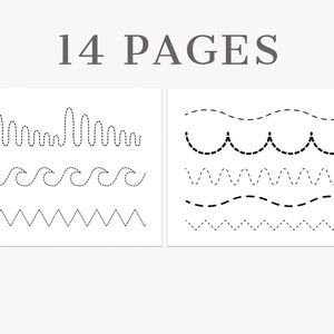 Può includere: Due pagine di fogli di esercizi di tracciatura di linee in bianco e nero. La prima pagina ha tre righe di linee ondulate, linee a zig-zag e linee curve. La seconda pagina ha tre righe di linee ondulate, linee curve e linee a zig-zag. Il testo "14 PAGINE" è in cima all'immagine.