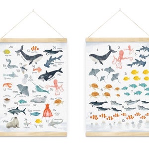 Alfabeto y números Lienzo Arte de la pared, Animales marinos Alfabeto Póster para niños pequeños, Impresión educativa Cuarto de niños Arte de la pared para la pared del dormitorio de la niña