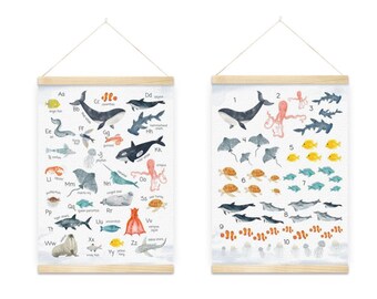 Alphabet and Numbers Canvas Wall Art, Sea Animals Alphabet Poster for Toddlers, Educational Print Nursery Wall Art for Boy Girl Bedroom Wall