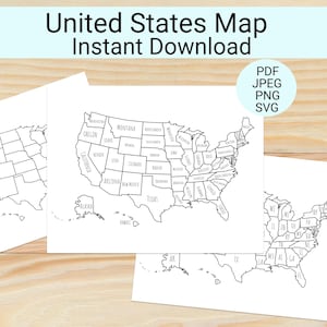 アメリカ合衆国地図、塗り絵と学習、印刷可能なアメリカ合衆国の塗り絵、SVG、PDF、JPEG、PNGファイル（工作用）
