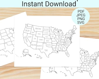 United States Map, Color And Learn, Coloring Printable USA US Instant Digital Download SVG Pdf Jpeg Png Files for Crafting