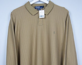 Polo Ralph Lauren vintage des années 90 à manches longues avec étiquettes, coton rayé beige XL, chemise de rugby boutonnée vêtements de sport décontractés Streetwear