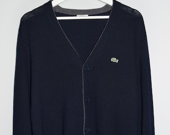 Lacoste Wool Knitted Cardigan Dark Blue Gray Contour Men&#39;s Size 4 Medium Knit Sweatshirt Button Up Embroidery Tennis Sportswear Streetwear