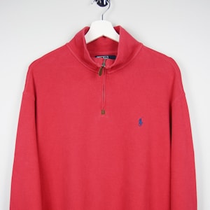 Vintage 90&#39;s Polo Ralph Lauren Red Peach Pullover Sweatshirt Quarter Zip Blue Embroidered Jumper Streetwear Men&#39;s XLarge Casual Sportswear