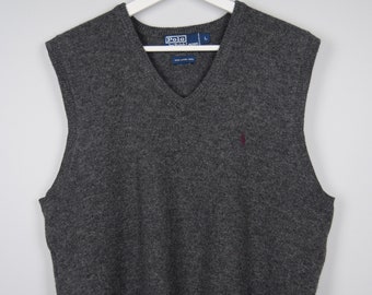 Vintage 90&#39;s Ralph Lauren Polo Vest 100% Lambs Wool Tan Soft Knitted Sweater Vest Size L Casual Sportswear Outdoor Streetwear Gray