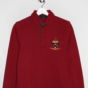 Gant Long Sleeve Polo Shirt Burgundy Cotton Button Up Polo Shirt Logo Embroidery Patch Casual Sportswear Streetwear Men&#39;s S