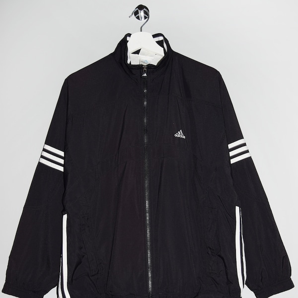 Vintage 90's Adidas Track Top Track Jacket Full Zip Sport Jacket Negro Blanco Tres rayas Old school Ropa deportiva Entrenamiento Retro Streetwear