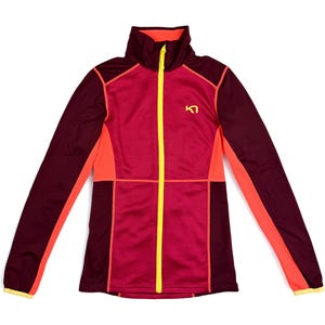 May include: A maroon and red athletic jacket with a high collar and a yellow zipper. The jacket has orange mesh panels on the sides and a small yellow logo on the chest. The cuffs are trimmed with yellow.