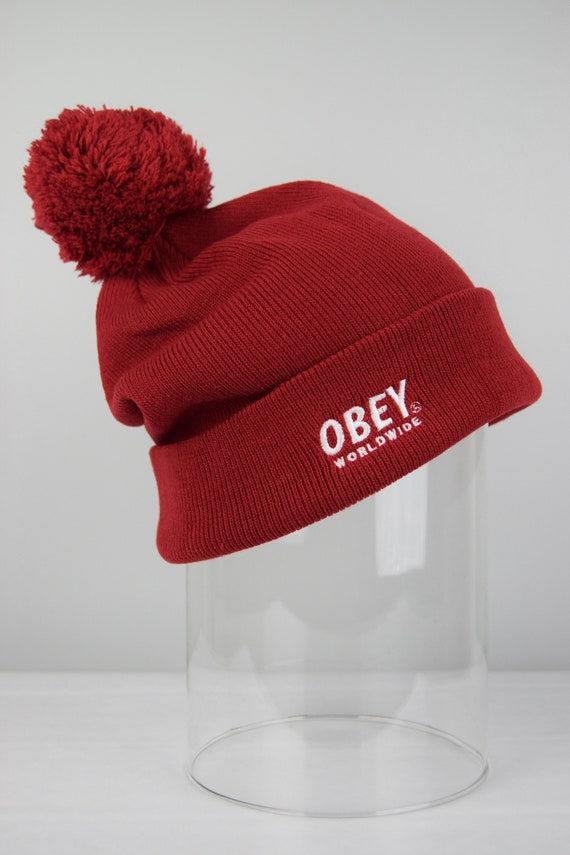 Vintage Obey Worldwide Red Beanie Spell Out Red Wi