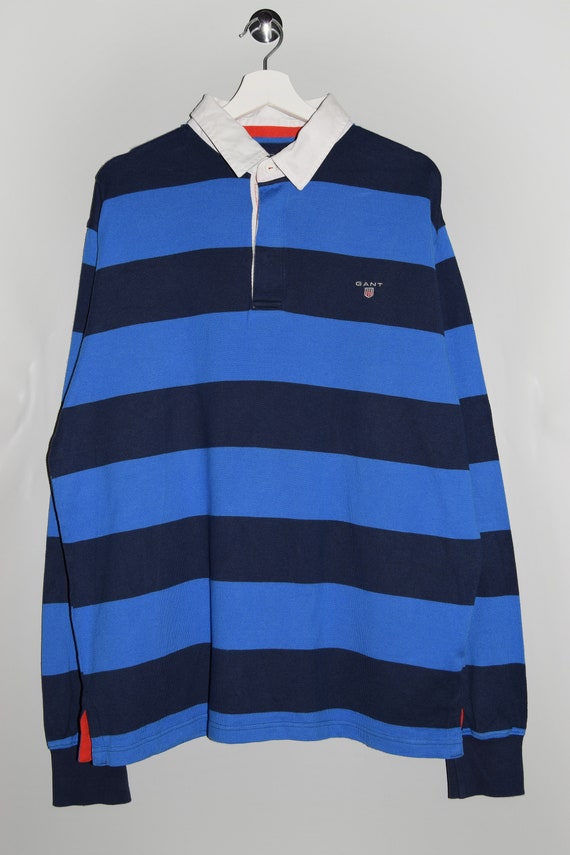 Gant Long Sleeve Polo Shirt Blue Navy Cotton Button Up Polo Shirt Small Logo Embroidery Casual Sportswear Streetwear Men s 2XL
