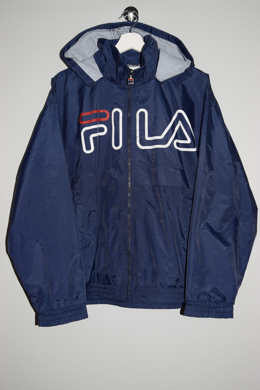 Vintage 90 s Fila Hooded Windbreaker Jacket Size Small Big Logo Full Zip Folding Hood Track Top Navy Lightweight Out Sportswear Streetwear Etsy