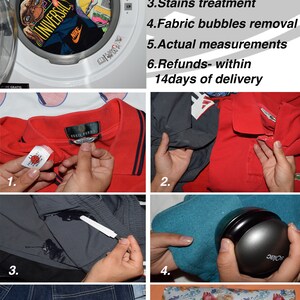May include: A collage of images showing the steps involved in preparing clothing for sale. The images show a washing machine, a red polo shirt with a Fred Perry logo, a gray shirt with a stain, a blue towel with a lint roller, a pair of blue jeans with a Karl Mani Jeans label, and a gift wrapped in floral patterned paper.