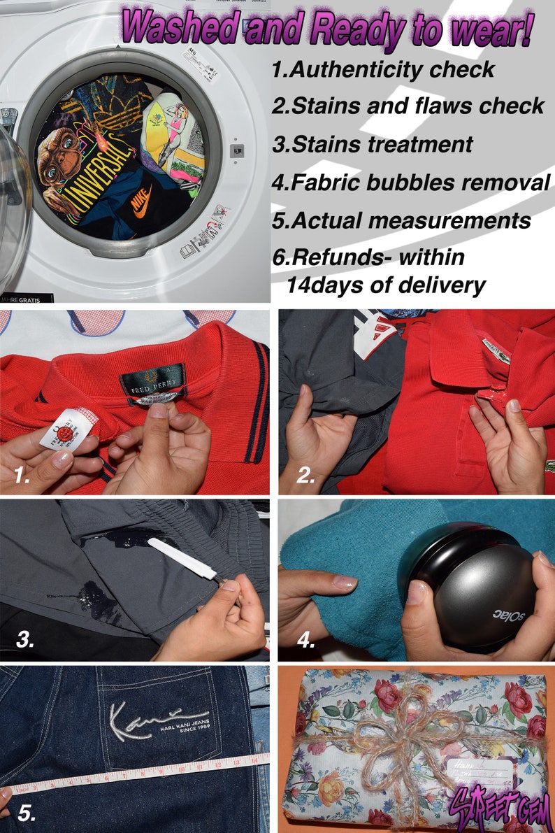 May include: A collage of images showing the steps involved in preparing clothing for sale. The images show a washing machine, a red polo shirt with a Fred Perry logo, a gray shirt with a stain, a blue towel with a lint roller, a pair of blue jeans with a Karl Mani Jeans label, and a gift wrapped in floral patterned paper.