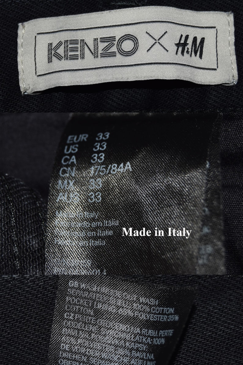 May include: Close-up of clothing tags. The top tag reads "KENZO X H.M" in black text on a white background. Below, a tag shows size information: EUR 33, US 33, CA 33. The tag also says "Made in Italy".