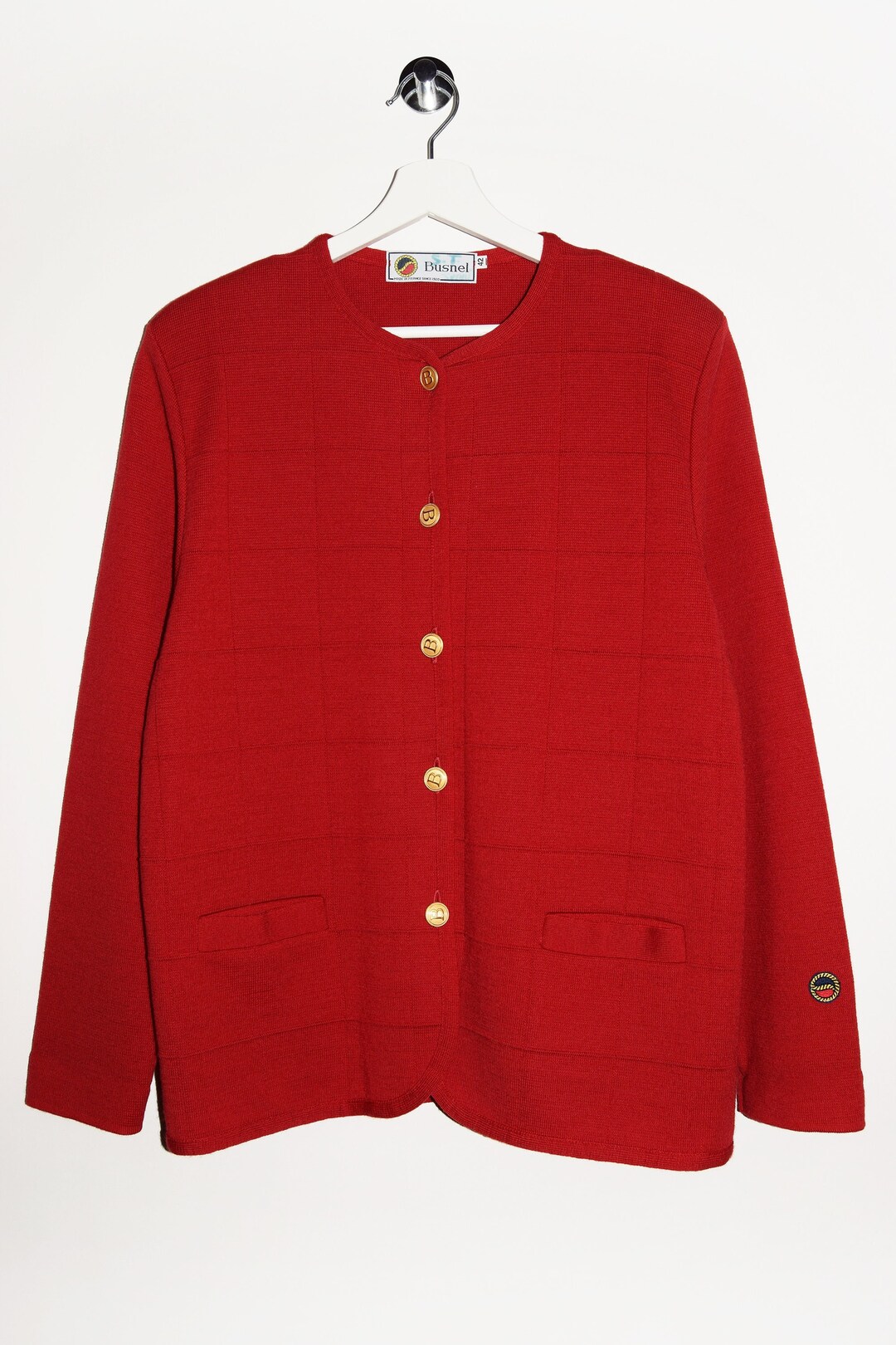 Vintage Busnel Cardigan Red Wool Blazer, 80s 90s Button-up