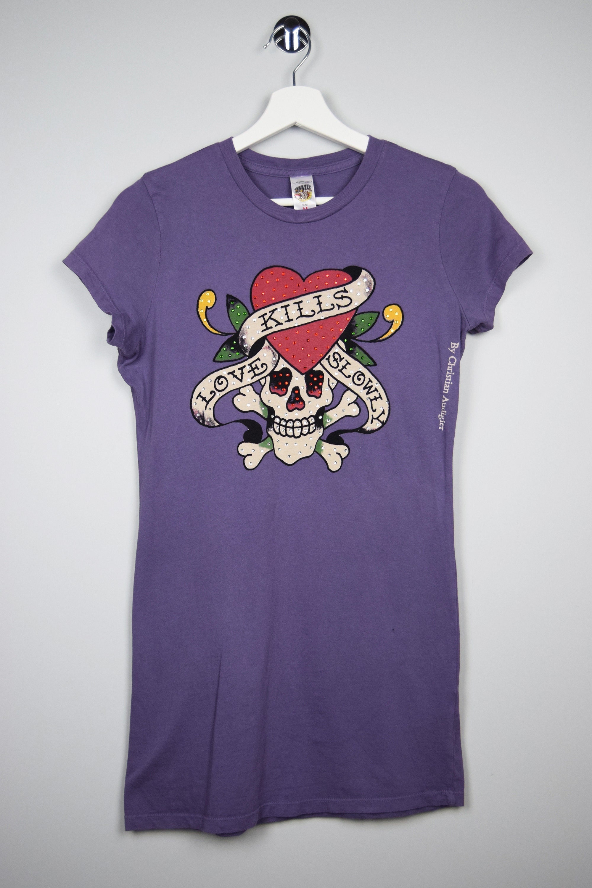 Vintage Ed Hardy by Christian Audigier Skull Purple Rhinestones T