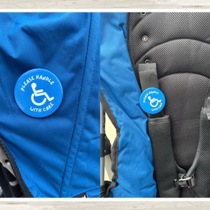 Please Handle With Care Button Pin for Adaptive Wheelchairs Mobility Equipment Devices | medical equipment sign | Stroller Wagon Signs