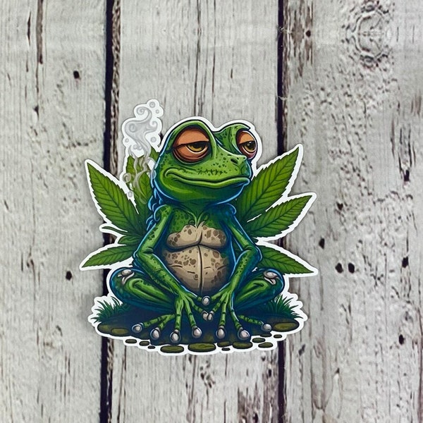 Stoned Frog Vinyl Sticker.  Weed Stickers.  Cannabis Stickers.  Pot Leaf Stickers. Funny Stoner Stickers.
