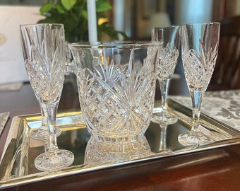 Vintage Ice Bucket/ Champagne Set w/ Godinger Silverplate Tray, Shannon Crystal “Dublin” Diamond Cut Crystal Glassware, IOB, Wedding Party