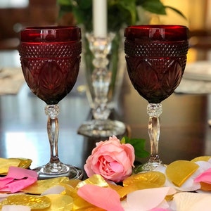 Vintage Ruby Red Glasses, Cristal DArques Wine/Water Goblets, Set of 2, French Crystal glassware, diamond cut crystal stem