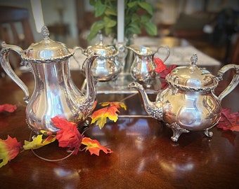 Antique Teapot Set, Wilcox International Silver “Du Barry Floral” Silver Coffee Tea Service set, Vintage Silverplate set, FREE Shipping