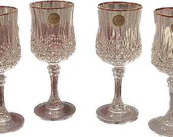 Vintage Cristal d'Arques Longchamp Wine Glasses - Gold Trim, Diamond Cut (Set of 4, IOB)