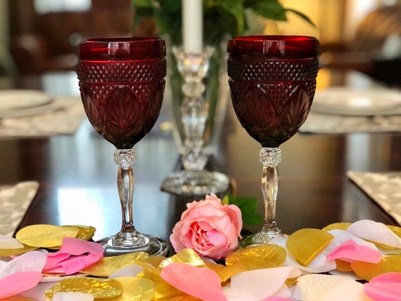 Vintage Cristal D’Arques Ruby Red Wine Goblets, Diamond Cut, Set of 2