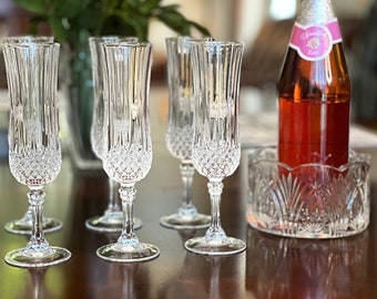 Vintage Cristal d'Arques Longchamp Champagne Flutes, French Diamond Cut Crystal, Set of 6 (IOB)