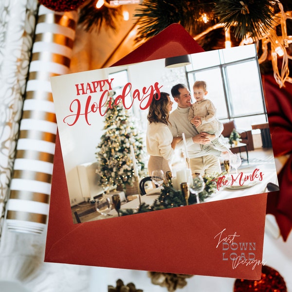 Happy Holidays Photo Card, Christmas Card, Traditional Red, Horizonal, Modern Holiday, Template