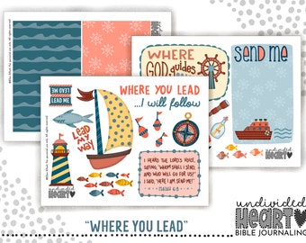 Bible Journaling Tip-Ins Printable Inserts | Where You Lead Christian Faith Ocean Set (Instant Download)