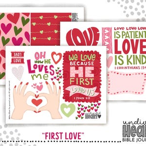 May include: A selection of Bible journaling stickers with a Valentine's Day theme. The stickers feature hearts, phrases like "Love is Kind," and the text "First Love." Colours include pink, red, and green.