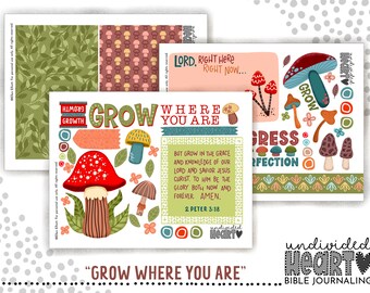 Bible Journaling Printable | Grow Where You Are Creative Christian Autumn Mushroom Ephemera Set (Instant Download)