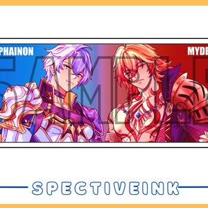 Op de afbeelding: Een rechthoekige print met twee anime-achtige personages. Het linkerpersonage, met het label "PHAINON", heeft paars haar en draagt ​​een sierlijk harnas. Het rechterpersonage, met het label "MYDEI", heeft rood haar en een vergelijkbaar harnas. De print is onderaan gelabeld met "SPECTIVEINK".