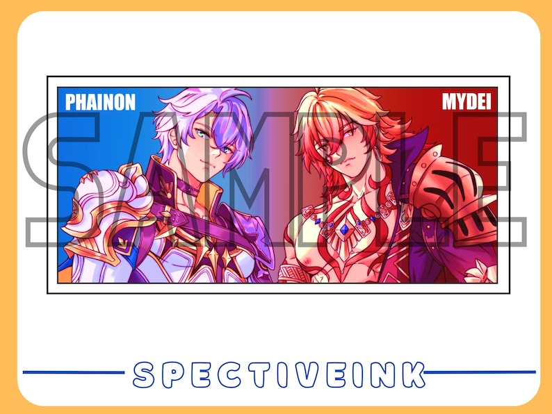 Op de afbeelding: Een rechthoekige print met twee anime-achtige personages. Het linkerpersonage, met het label "PHAINON", heeft paars haar en draagt ​​een sierlijk harnas. Het rechterpersonage, met het label "MYDEI", heeft rood haar en een vergelijkbaar harnas. De print is onderaan gelabeld met "SPECTIVEINK".