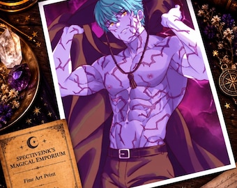 May include: A rectangular fine art print featuring an anime-style character with teal hair, yellow eyes, and purple skin covered in dark jagged markings. The character wears a dark cloak, brown pants with a belt, and a necklace with a brown tassel.