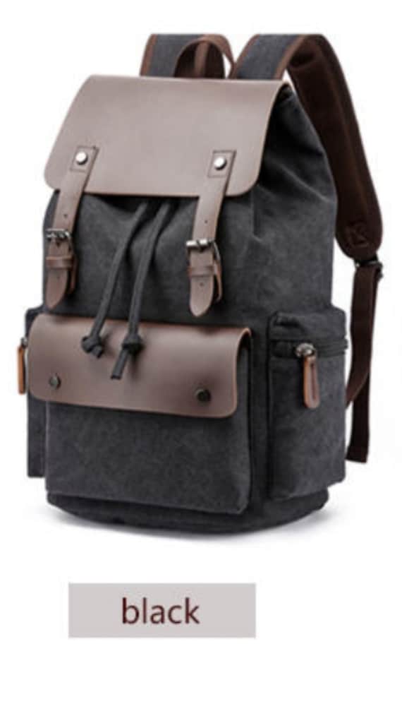 Vegan Leather Drawstring Canvas Vintage Laptop Backpack - Etsy display picture 1