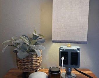 May include: A bedside table with a lamp made from a metal electrical outlet box, a potted plant, a smart speaker, a glass bottle, and a smartphone charging on a wireless charger. The lamp has a white fabric shade with a grid pattern.