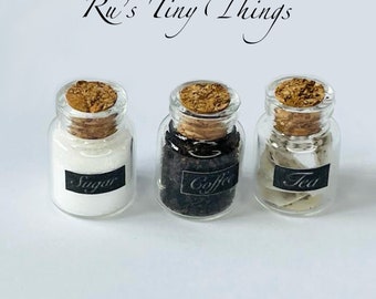 Miniature Coffee, Tea & Sugar glass jars with lids