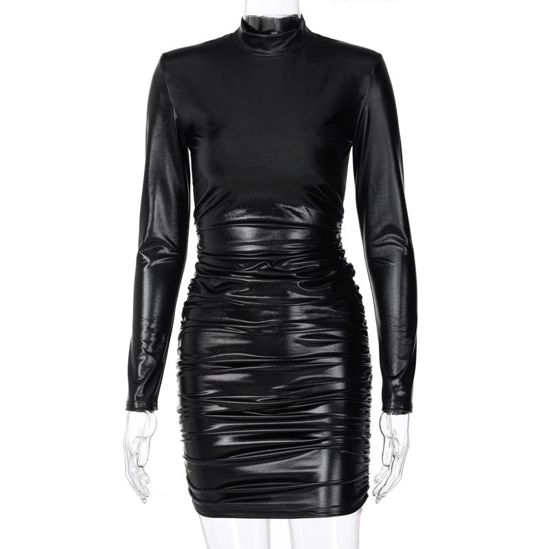 Pu Leather Mini Dress Ruched Turtleneck Long Sleeve Bodycon - Etsy