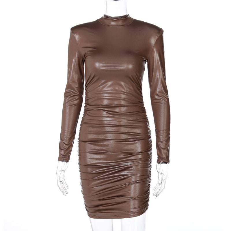 Pu Leather Mini Dress Ruched Turtleneck Long Sleeve Bodycon - Etsy