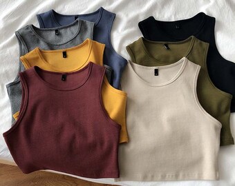 New ladies retro crop top high waist slimming stretch slim top