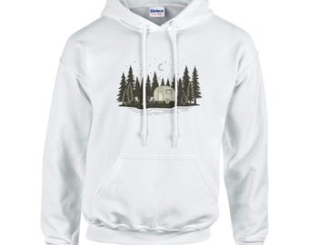 Forest Cabin Hoodie, Nature Lover Gift, Unisex Woodland Pullover, Camping Sweatshirt, Starlit Pine Tree Sweater, Cozy Outdoorsy Apparel