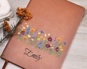 Personalized Wildflower Vegan Leather Journal, Custom Name Notebook, Lined Stationery (5.8" x 8.5")