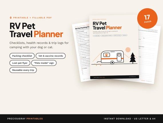 RV Pet Travel Planner printable and fillable PDF with packing checklist pages