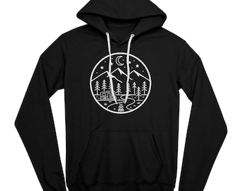 Unisex Forest Hoodie, Mountain Camper Graphic Sweatshirt, Outdoor Adventure Pullover