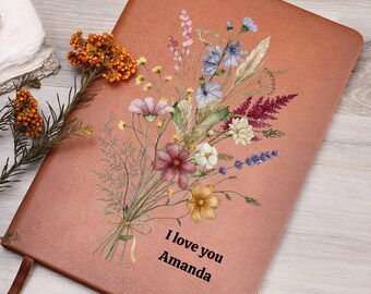 Personalized Floral Vegan Leather Journal – Custom Name Notebook Gift for Her (5.8x8.5)